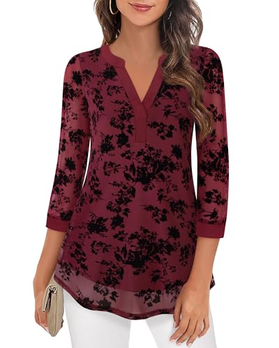 Image of Timeson Women's Short Sleeve V Neck Blouses Shirts Floral Double Layers Mesh Tunics Tops