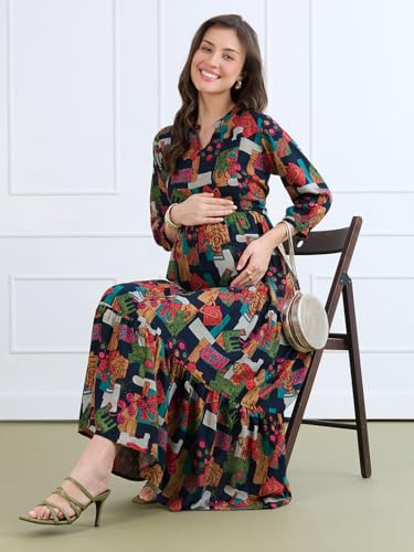 Image of MomToBe Women's Rayon Maternity Dresses | Pregnancy Feeding Nursing Dress with 14 inch Zip on Both Sides