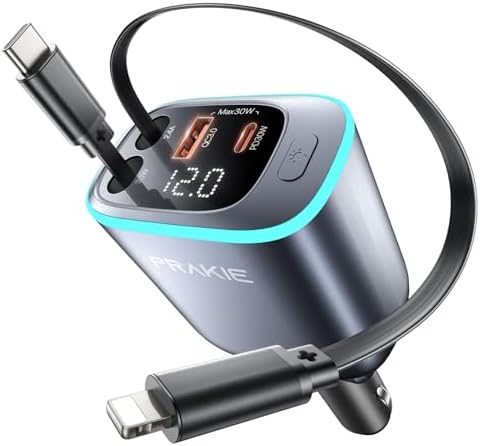iPhone Car Charger, Retractable Fast USB C Phone Charger, 4 in 1 Cigarette Lighter Adapter with 2 Cables 25 Inch and 2 USB Ports, Multi Port USB Car Charging for iPhone 17/16/15/14/13/Pro Max