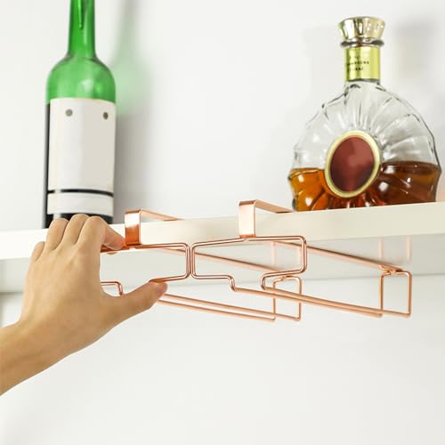 LINFIDITE 2 Pack Under Cabinet Wine Glass Rack Rose Gold Wine Glass Holder Stemware Rack Hanger Kitchen Hanging Glass Storage Rack Organizer