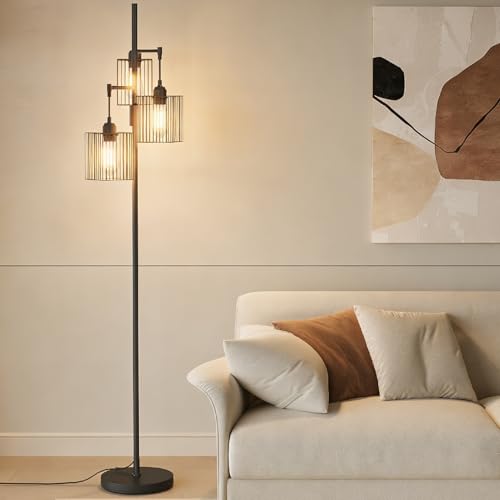 PULUOMIS Floor Lamp, Industrial Floor Lamps for Living Room, Standing Lamps with Wire Cage Lampshade, Standard Tall Lamp with 3 Light for Bedroom, Bulb Not Included, Black