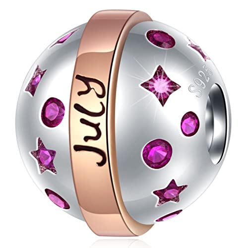 Jan-Dec Birthstone Planet Ball Charms with 12 Month Birthday Stone, 925 Sterling Silver 2 Tone Rose Gold Round Globe Beads, fits European Snake Charm Bracelet, Gifts for Mom/Wife/Father/Children/Grandma