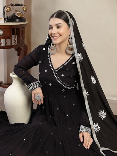 Image of Gulmohar Jaipur Women's Malmal Solid Angrakha Neck Anarkali Kurta Suit Set