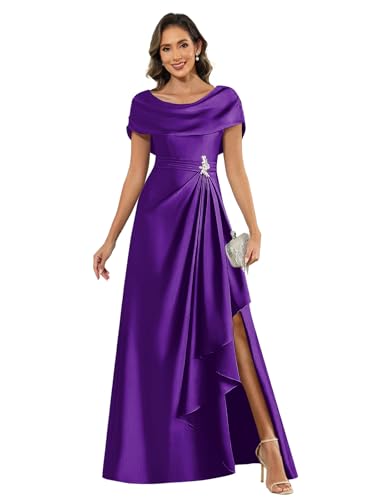 Satin Mother of The Bride Dresses for Women Cape Sleeve A Line Long Formal Party Dress with Slit