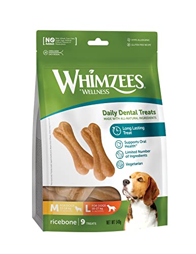 WHIMZEES By Wellness Rice Bone, Natural and Gluten-Free Dog Chews, Dog Dental Sticks for Medium and Large Breeds, 9 Pieces, Size M/L - Value Bag - 9 pieces - M/L (Pack of 9)
