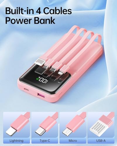 RONEGN Portable Charger with Built in Cable - Power Bank Fast Charging 22.5W USB C LED Display Travel Battery Pack 5 Outputs & 3 Inputs for iPhone Samsung Android iPad Phones Tablets etc - Image 3