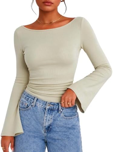 Ryhula Langarmshirt Damen Elegant Oberteil Y2K Trompetenärmel Longsleeve | Figurbetont, Frühling & Herbst, U-Boot-Ausschnitt, Glockenärmel & Taillenraffung, Alltag, Freizeit, Pende