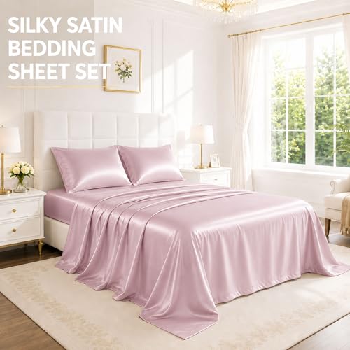 COZYXWORLD Silky Satin Sheet Set Full Size 4 Piece Cooling Hair Care Pink by COZYXWORLD - Used condition - Image 3