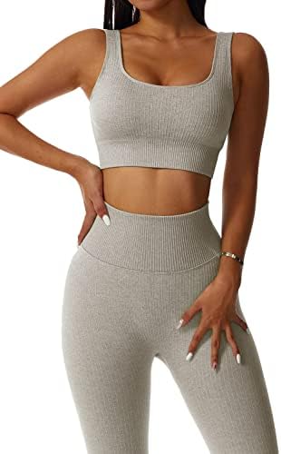 YETOWA Women's 2pcs Seamless High Waist Outfit Workout Sets Fitness Sports Tracksuit Running Clothes Yoga Sportswear Khaki Medium