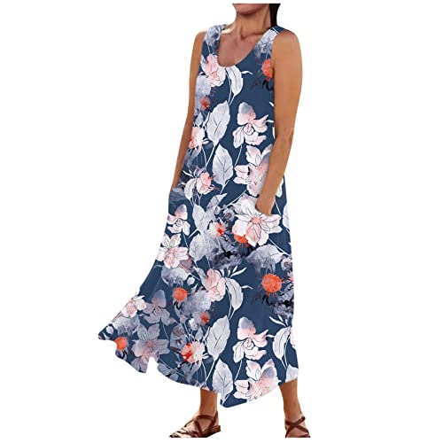 Jersey Summer Dresses Elegant Swing Floral Printed Round Neck Sleeveless Dresses Oversized Maxi Tank Dress with Pockets Dress V Neck (Dark Blue, M)
