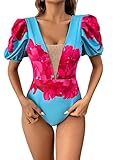 SPORLIKE Women One Piece Swimsuit Bubble Sleeves Bathing Suit Tropical Monokini(Floral/Blue,Medium)