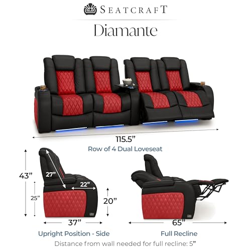 Image of Seatcraft Diamante Black /Red Italian Leather Home Theater Seating, Zero Gravity Power Recliner, Gaming and Home Office Chair, Powered Headrest Furniture for Cinema Room, Row of 4 Dual Loveseats