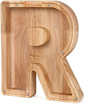 MoneRffi Personalized Letters Wooden Piggy Bank, A-Z Letters Coin Bank Money Box with Clear Alphabet Stickers, Money Saving Bank For Family Christmas Birthday Gift Home DIY Decoration