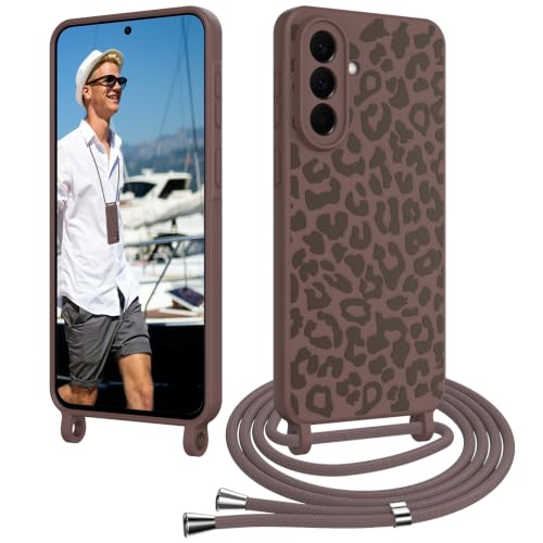 CaseLover Handyband für Samsung Galaxy A55 5G Hülle mit Band, Leopardenmuster Silikon Handyhülle mit Kette zum Umhängen Necklace Schutzhülle Stoßfest Outdoor Case mit Kordel für Samsung A55 5G, Braun