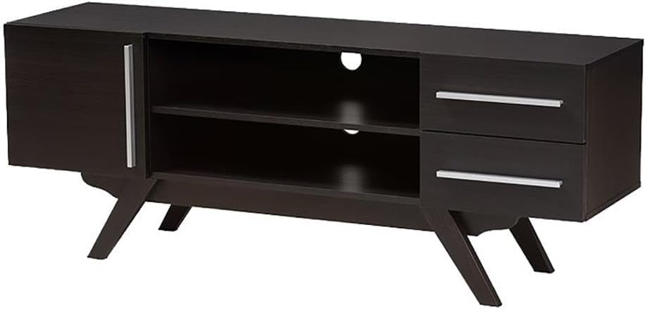 BOWERY HILL 60" Mid-Century Modern TV Stand Console, Engineered Wood and MDF, Dark Brown Finish, 2 Drawers, Open Shelves, Solid Wood Legs, Entertainment Center for Living Room