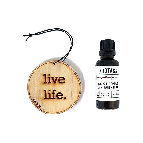 Arotags Wooden Car Air Freshener - Long Lasting Cool Breeze Scent Diffuses for 365+ Days - Includes Live Life Hanging Mirror Diffuser and Fragrance Oil - 100% American Made Cover