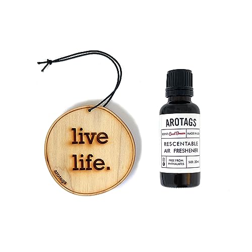 Arotags Wooden Car Air Freshener - Long Lasting Vanilla Lavender Scent Diffuses for 365+ Days - Includes Live Life Hanging Mirror Diffuser and Fragrance Oil - 100% American Made
