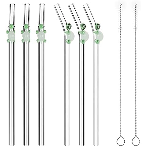 Wirhlly 6PCS Reusable Glass Straw Design Glass Straw,Colorful Straws Cocktails Bar Accessories Cleaning Brush Bent Drinking Straws for Hot and Cold Drinks (Tortoise) Cover