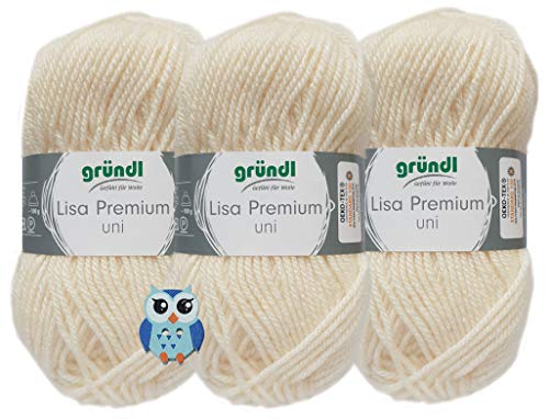 Gründl Lisa Premium Uni - Hilo para ganchillo (3 x 50 g, 100% poliacrílico, 02 natural)