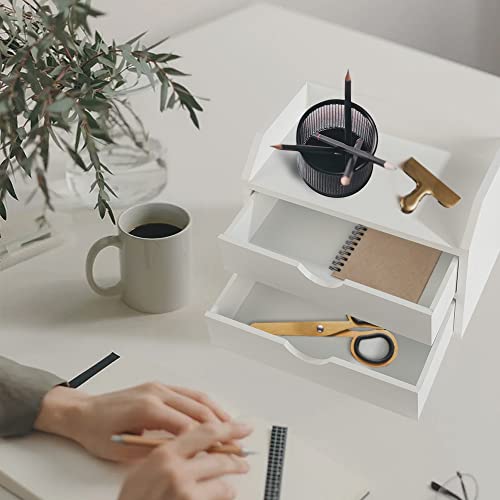 Rose Bloom White Wood Desk Organizer With Drawer, Tabletop Storage Box With 2 Drawers, Small Desktop Organizers For Office Accessories, Executive Document Cabinet #TOP2