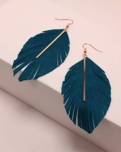 Miracle Collection Lightweight Genuine Soft Leather Fringe Leaf With Simple Drop Metal Bar Dangle Earring For Women And Girls (Teal) #TOP2