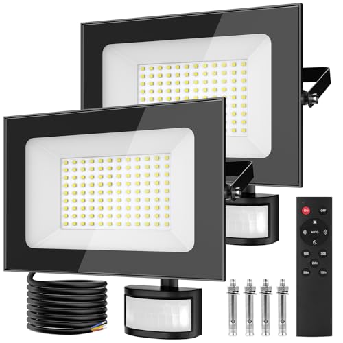 papasbox 2 St&uuml;ck 100W LED Strahler mit Bewegungsmelder Au&szlig;en Lichtsensor | Au&szlig;enstrahler Scheinwerfer Aussen mit Fernbedienung | 6500K Kaltwei&szlig; IP66 Wasserdicht Fluter f&uuml;r Garten Garage Sportplatz