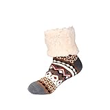 BambooMN Women's Classic Winter Fleeced Thermal Cabin Crew Slipper Socks, 03 Brown, 1 Pair