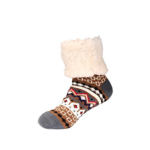 BambooMN Women's Classic Winter Fleeced Thermal Cabin Crew Slipper Socks, 03 Brown, 1