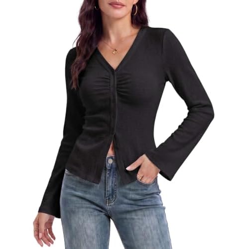 Arolina Women Button Down Ruched Blouse Long Sleeve Y2K Top | Bell Sleeve, V Neck, Business Casual, Dressy, Work, 2026 Fall Trendy Clothes, Stretchy, Fitted, Chic