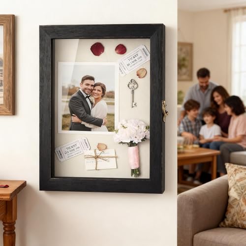 Image of TJ.MOREE Shadow Box 12x16 Memory Display Case Wooden Picture Frame Black | Large Rustic Keepsake Box with Linen Back for Memorabilia, Bridal Shower Wedding Gifts, Military Medals, Pet Memorial Gifts