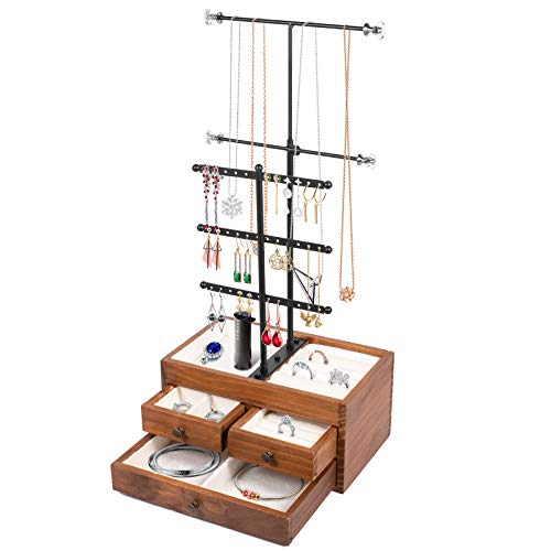 Jewelry Stand, Necklace Holder Organizer, Jewelry Stand Organizer, 2 Layer Wood Jewelry Storage Boxes with 5-Tier Jewelry Towers, Adjustable Height Jewelry Tree for Necklaces Earrings Bracelets