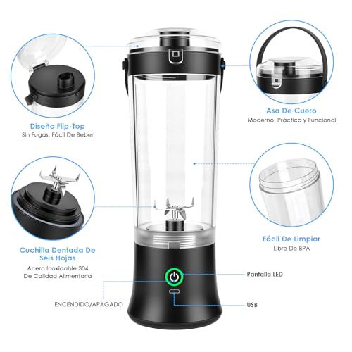 Miniatura 6 de Birnetek Batidora De Vaso Portatil, 600ml Eléctrica Batidora Portatil, 2 Modos De Batido Y Batería De 4000 Mah, Con 6 Cuchillas, Para Proteínas, Pica Hielo Y Frutas Congeladas