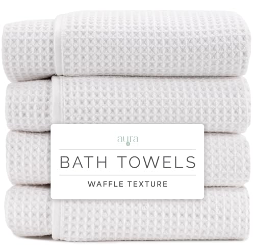 S&T INC. Aura Waffle Bath Towels, 4 Pack, 30" x 60", White