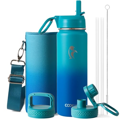 Coolflask 24 oz Insulated Water Bottle with Straw & 3 Leakproof Lids