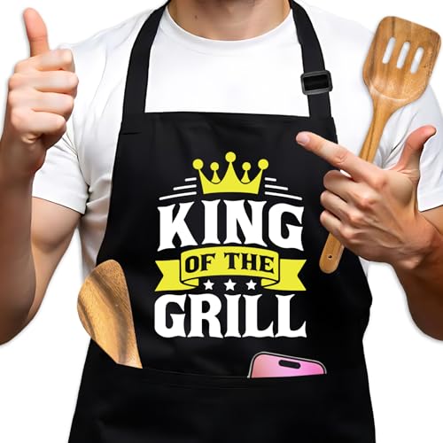 GOSJINNK Funny Grilling Aprons for Men, King of The Grill, Adjustable BBQ Cooking Black Kitchen Aprons with Pockets, BBQ Grilling Gifts for Men Chef, Birthday Christmas Gifts for Dad Husband Grandpa