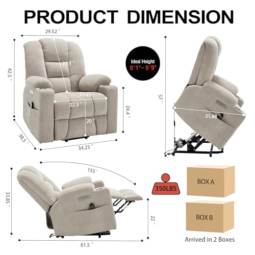 Image of Power Lift Recliner Chair for Elderly, Electric Lift Recliner with Vibration Massage and Lumbar Heating, Single Sofa Reclining Chair with Cup Holders Charging Ports, Chenille Fabric Beige