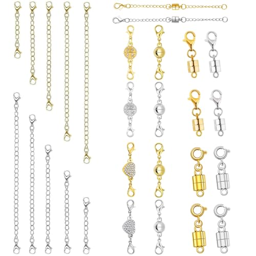 Magnetic Necklace Clasps and Closures-Magnetic Necklace Clasp & Extender Chain Set, Easy to Use for Necklaces Bracelet, Gold & Sliver (28pcs)