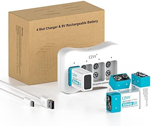 czvv Rechargeable 9V Batteries - High-Performance Lithium-ion Battery 4 Pack with 4-Bay Speed Charger - Leak-Proof Ultra Long-Lasting 8.7 Volt 1300x Cycle Times with a 10-Year Shelf Life