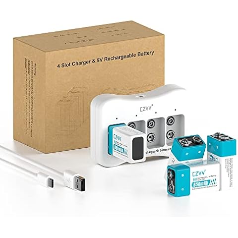 czvv Rechargeable 9V Batteries - High-Performance Lithium-ion Battery 4 Pack with 4-Bay Speed Charger - Leak-Proof Ultra Long-Lasting 8.7 Volt 1300x Cycle Times with a 10-Year Shelf Life Cover