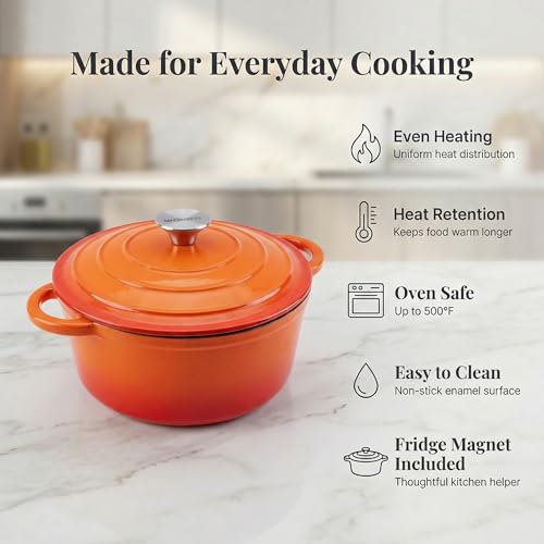 WOKINS 4QT Enameled Cast Iron Dutch Oven Pot with Lid,Heavy-Duty Cookware for Sourdough Bread Baking,Braising,Stews,Roasting,Oven Safe up to 500°F,orange