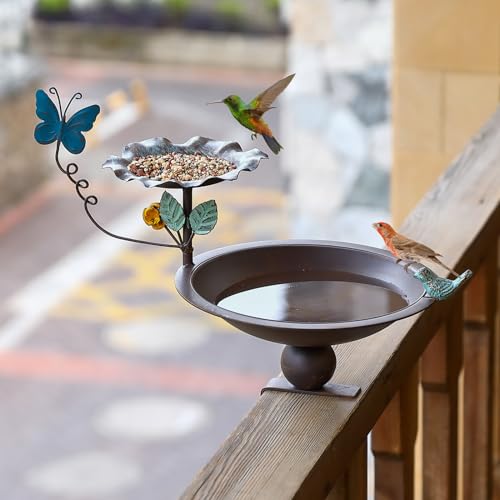 CaliDecor Bird Bath and Feeder for Deck Railing, 2 in 1 Deck Mounted Balcony Birdbath with Vivid Butterfly Decor, Metal Bird Bath for Outdoors Porch Patio Garden by CaliDecor - Used condition - Image 6
