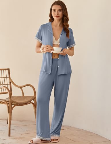 Ekouaer Womens Pajama Sets Short Sleeve Button Up Pjs, Chic Contrast Trim, Long Pants with Pockets,Soft Loungewear Set S-XXL2