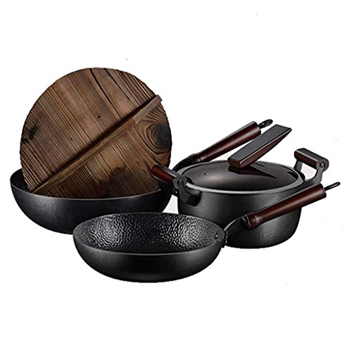 Olla de Hierro para el hogar de 3 Piezas, Olla para cocinar Sopa, Olla de Hierro Fino Resistente, Utensilios de Cocina antiadherentes sin Recubrimiento para Tienda, Camping, Cocina y hogar