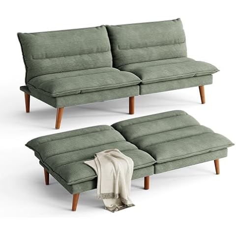 LINSY Futon Sofa Bed: Corduroy Futon Couch with Adjustable Backrest, Comfy Loveseat Convertible Folding Sleeper Sofa Couches for Small Spaces Living Rooms Apartment Office, Green Cover