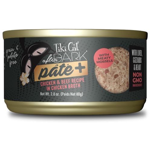 Image of Tiki Cat After Dark Pate+ Wet Cat Food, Chicken & Beef, 2.8oz Can (12 Pack) | Wet Cat Food, Pate, Real Chicken and Beef, Organ Meat, High Protein, High Moisture for Hydration, 2.8 Oz. Cans, 12 Pack