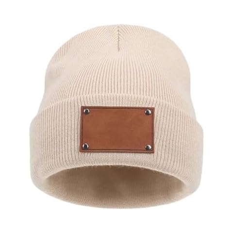 Custom Toddler Baby Beanies,Newborn Hats,Infant Beanie for Girls Boys,Winter Newborn Knit Hat,Leather Patch Baby Knit Hats (US, Alpha, Small, XX-Large, Beige) Cover