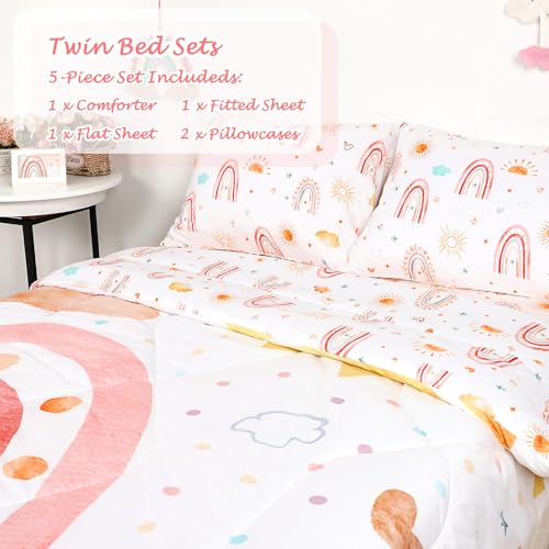 Image of Twin Size Toddler Bedding Set for Girls- 5 Piece Rainbow Toddler Girl Bedding, Super Soft & Lightweight Toddler Comforter Set Includes Comforter, Flat Sheet, Fitted Sheet, Pillowcase (Pink)