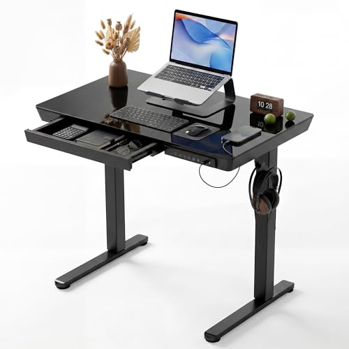 Image of INNOVAR 32 inch Small Glass Standing Desk with Drawers & USB Ports, Whole-Piece Glass Top Adjustable Height Desks, Quick-Install Electric Sit-Stand Up Desk for Home Office & Computer Workstation, Black
