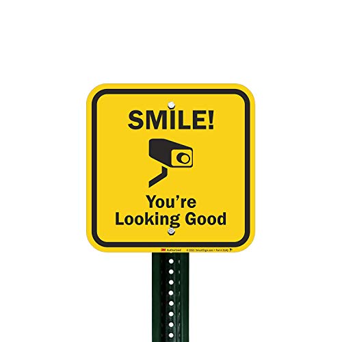 Smartsign 12 X 12 Inch “Smile - You're Looking Good” Funny Video Surveillance Metal Sign, 63 Mil Aluminum, 3M Laminated Engineer Grade Reflective Material, Black And Yellow #TOP2
