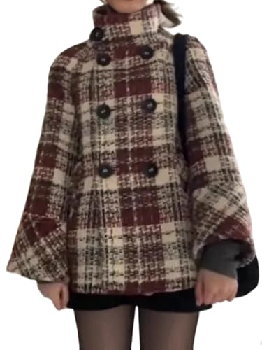Image of CHARTOU Womens Houndstooth Plaid Wool Trench Pea Coat Winter Dressy Double Breast Stand Collar Tweed Jacket (Medium, Wine)